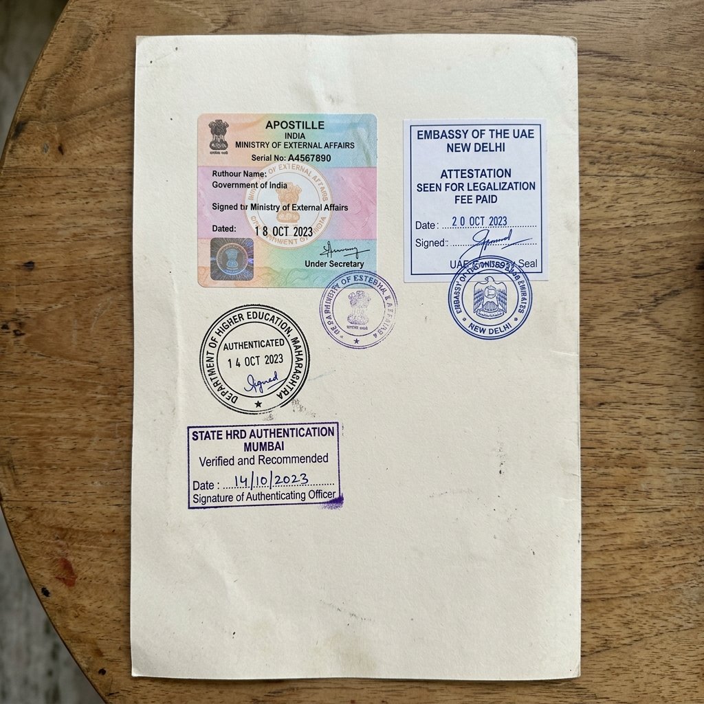 MEA attestation stamps on Indian certificate